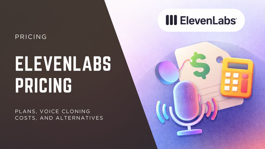 Modern illustration of AI voice pricing with microphone, price tag, and calculator icons for ElevenLabs pricing guide