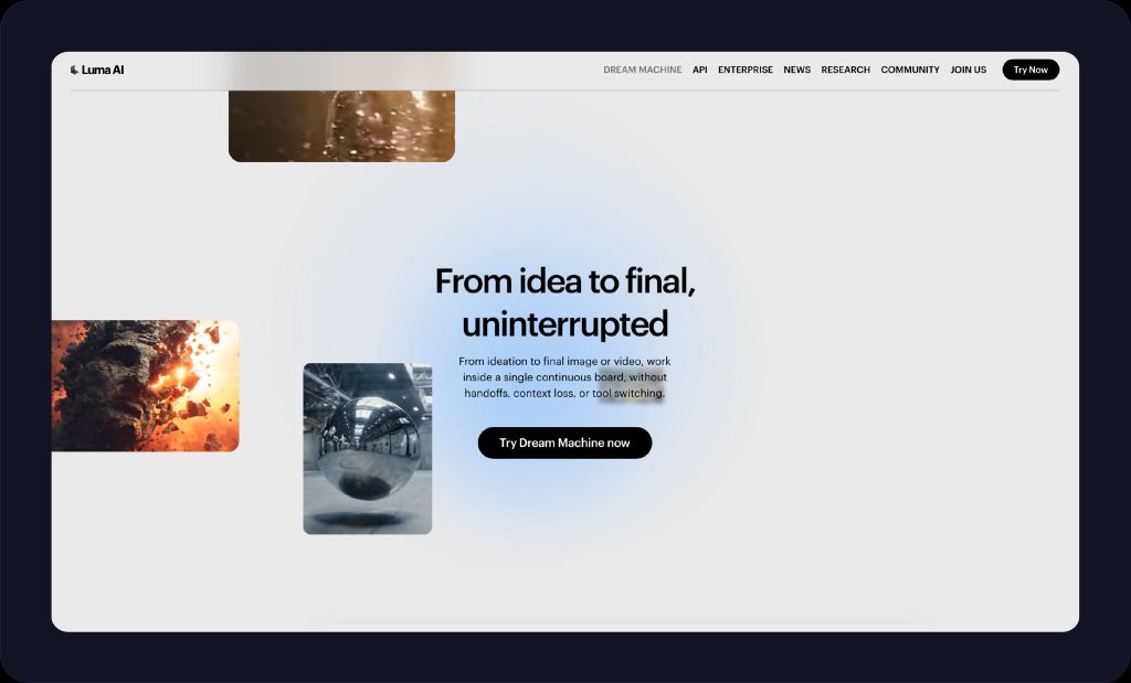 Screenshot of Luma Dream Machine homepage
